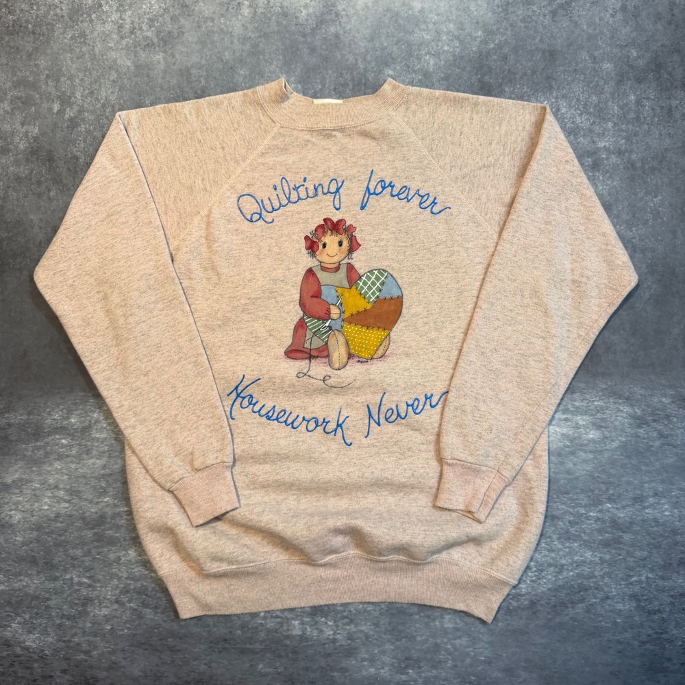 Vintage 90s Quilting Craft Graphic Crewneck Pink Cottagecore Pullover XL VTG